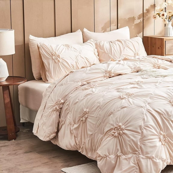 Beige Comforter Set Queen Size Bed in A Bag 7 Piece Pinch Pleat Bedding Set