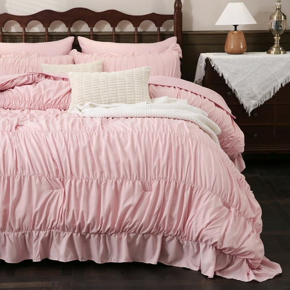 Beige Comforter Set Queen Size,Ruched Boho Bedding 9-Piece Bed-in-a-Bag for All Seasons,Fluffy Luxury Ruffle Bedding Set with Comforter, Flat Sheet, Fitted Sheet, Pillow Shams, Pillowcases