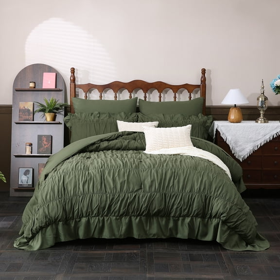 Beige Comforter Set Queen Size,Ruched Boho Bedding 9-Piece Bed-in-a-Bag for All Seasons,Fluffy Luxury Ruffle Bedding Set with Comforter, Flat Sheet, Fitted Sheet, Pillow Shams, Pillowcases