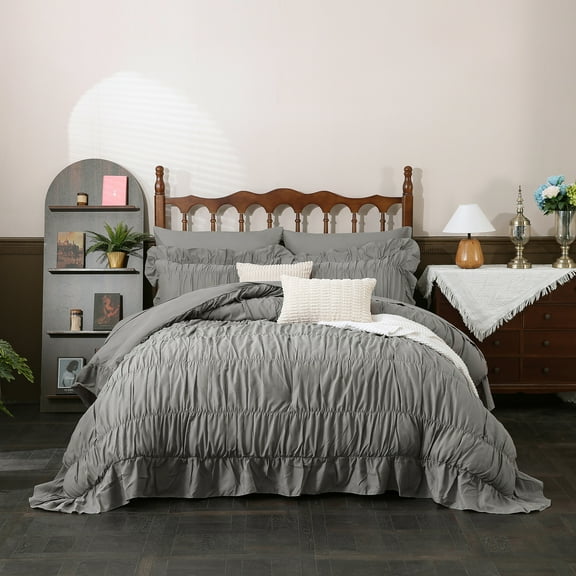 Beige Comforter Set Queen Size,Ruched Boho Bedding 9-Piece Bed-in-a-Bag for All Seasons,Fluffy Luxury Ruffle Bedding Set with Comforter, Flat Sheet, Fitted Sheet, Pillow Shams, Pillowcases