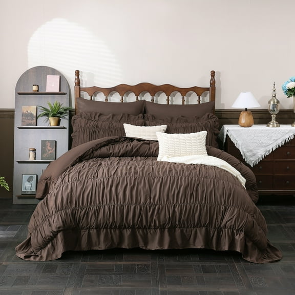 Beige Comforter Set Queen Size,Ruched Boho Bedding 9-Piece Bed-in-a-Bag for All Seasons,Fluffy Luxury Ruffle Bedding Set with Comforter, Flat Sheet, Fitted Sheet, Pillow Shams, Pillowcases