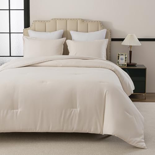 Beige Comforter Set Queen Size, Soft Prewashed Solid Bedding for All Seasons, 3 Pieces Fluffy Down Alternative Lightweight Comforter (90"x90") and 2 Pillowcases (20"x26")