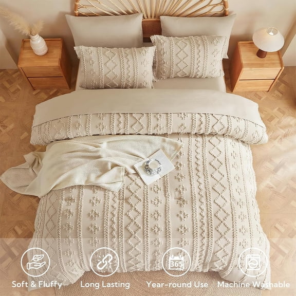 Beige Comforter Set Queen, Tufted  Bedding Set, Farmhouse Bed in a Bag Set 7 Pieces with 1 Comforter, 2 Pillow Shams, 2 Pillowcases, 1 Flat Sheet, 1 Fitted Sheet for All Seasons