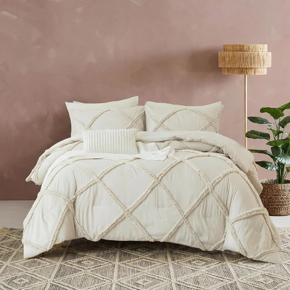 Beige Comforter Set  Size Boho Bedding Comforter Sets Farmhouse Shabby Chic Bedding Quilt Set Room Decor Aesthetic Geometric Embroidery Lightweight Tufted Comforter  Size