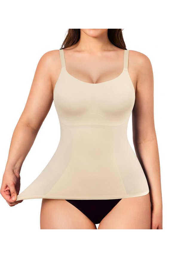 Beige Compression Tank Top With Scoop Neck Tummy Control Shapewear Camisole