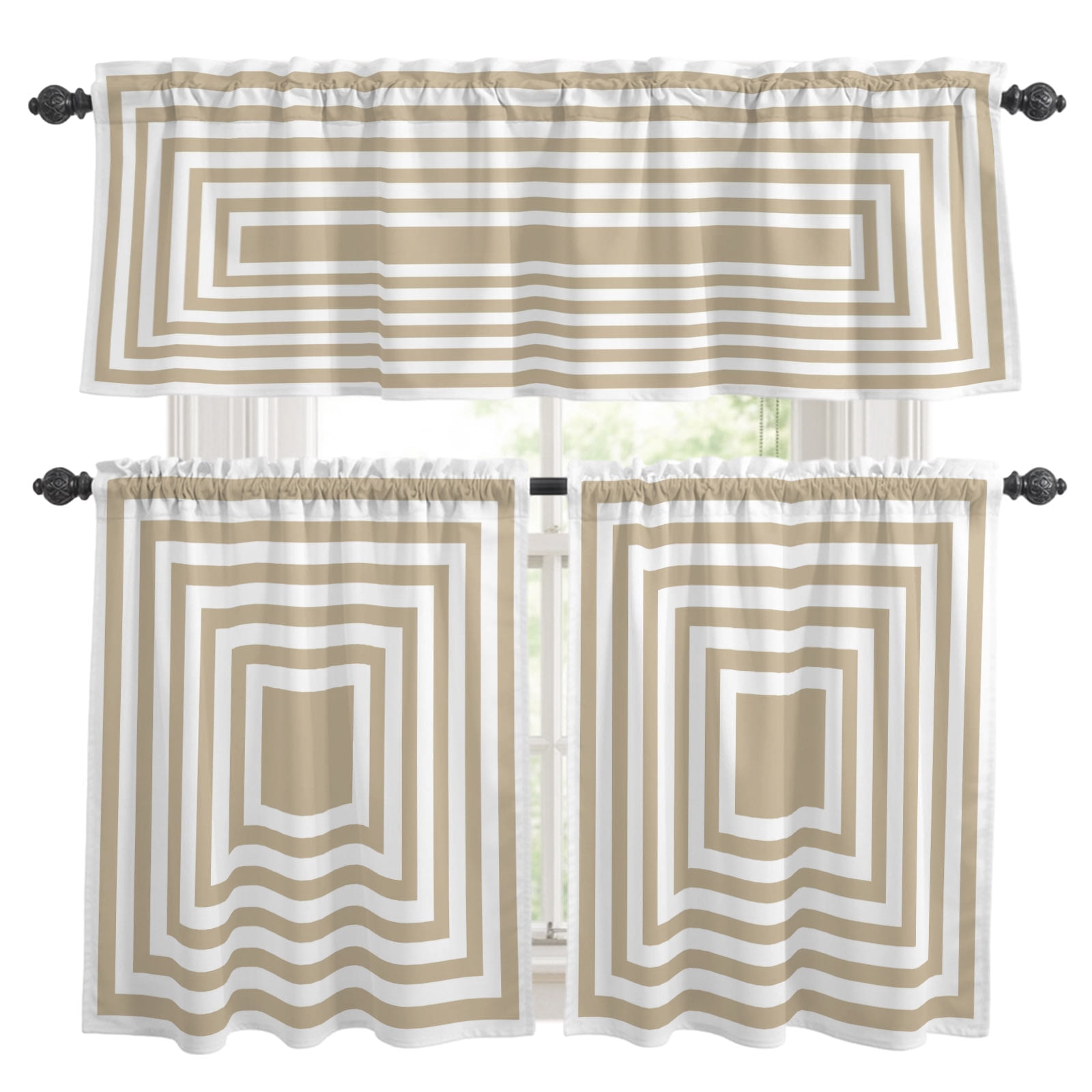 Visual Reference: Beige Concentric Squares Kitchen Curtains Set For Windows Modern
