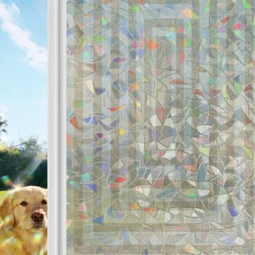 Beige Concentric Squares Rainbow Window Privacy Film, Vintage Abstract Minimalist Geometric Lines Stained Glass Window Film, Sun Blocking Glass Clings Non Adhesive Door Stickers 17.7 x 39.3 Inches