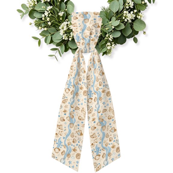 Beige Conch Coastal Wreath Sash for Front Door, Nautical Summer Beach Shell Ocean Wreath Bow Holiday Garland Ribbon Wreath Accessories for Home Yard Porch Doorway Fall Christmas Decorations Gifts