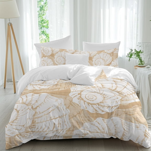 Beige Conch Comforter Set Queen Size, Coastal Summer Ocean Beach Nautical Modern Soft Bedding Set for Man Woman, 4 Pieces Duvet Cover Set with Fitted Sheet, 2 Pillowcases