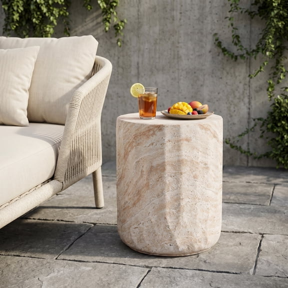 Beige Concrete Cylinder Side Table - 15.00 in W x 18.50 in H for Indoor Outdoor Use