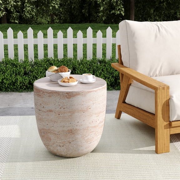 Beige Concrete Side Table - 15.75 in Height Lightweight Barrel Design for Indoor and Outdoor Living Spaces