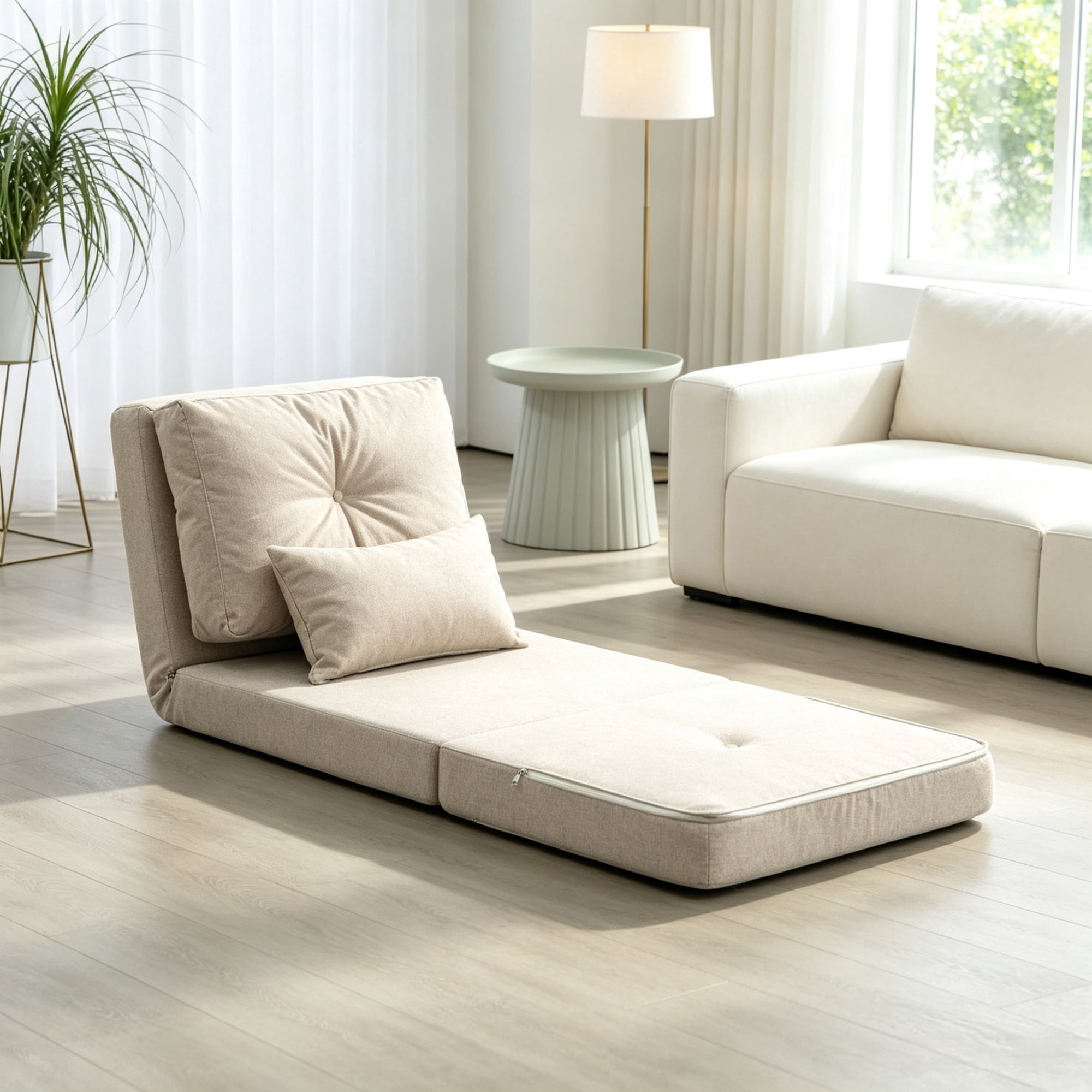 Beige Convertible Floor Sofa Bed, No Assembly Required Folding Upholstered Couch, Adjustable Backrest Floor Chair