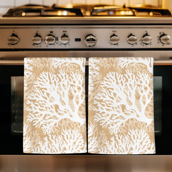 Beige Coral Coastal Kitchen Towels Set of 3, Summer Nautical Ocean Beach Absorbent Dish Towels for Kitchen, Microfiber Hand Towel, Quick Drying Tea Towel for Cleaning Decorative Dishcloths