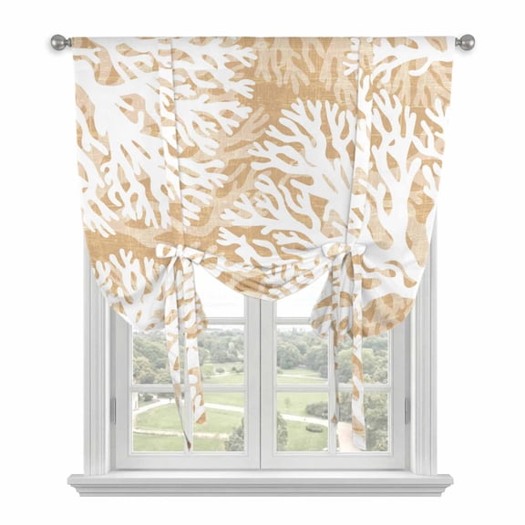 Beige Coral Coastal Tie Up Curtains for Kitchen Windows,Adjustable Rod Pocket Valance 63 Inch Long, Summer Nautical Ocean Beach Window Treatment Balloon Roman Blind Shade, 52" x 63"