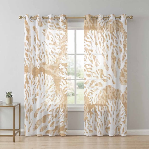 Beige Coral Sheer Curtains 84 Inch Long 2 Panels, Coastal Ocean Beach ...