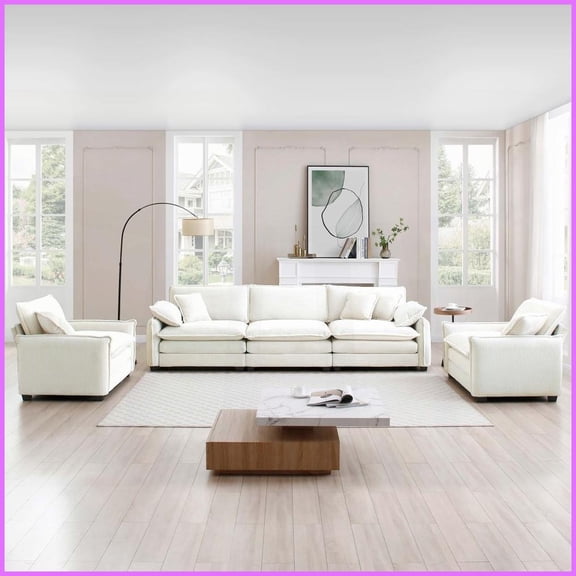 Beige Corduroy 3+2 Seater Sofa Set - Retro-Modern Living Room & Home Theater with Plush Memory Foam Comfort