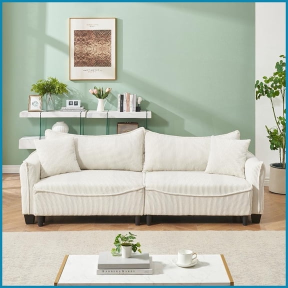 Beige Corduroy 3-Seat Convertible Sofa Bed with 2 Pillows Ideal for Living Rooms & Small Spaces