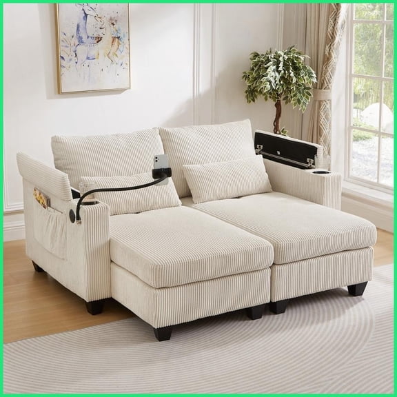 Beige Corduroy 63 Convertible Loveseat Sofa Bed with USB Ports, Cup Holders & Storage for Living Room/Bedroom