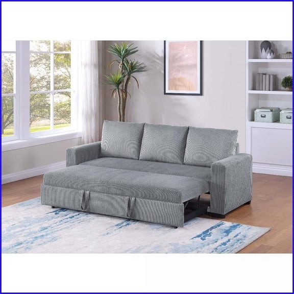 Beige Corduroy Convertible Sofa Bed | Modern Square Arms Tight Back | Perfect for Small Spaces & Overnight Guests