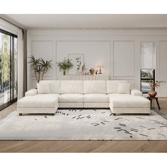 Beige Corduroy Fabric Convertible U-shaped Sofa - Modern Comfortable 4 Seat, Living Room Double Lounge Chair with Extra-Wide Armrests & Storage