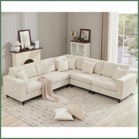 Beige Corduroy Modular L-Shaped Sectional Sofa - 5-Seat with Pillows for Living Room
