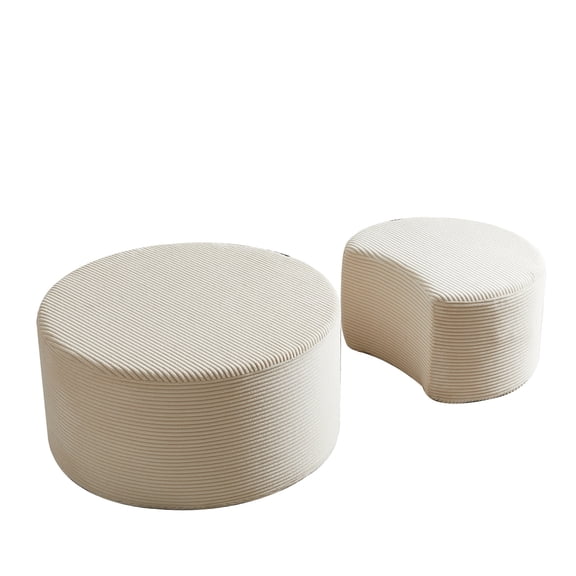 Beige Corduroy Nesting Coffee Table Set of 2 - 2 Piece Round Ottoman Set for Living Room