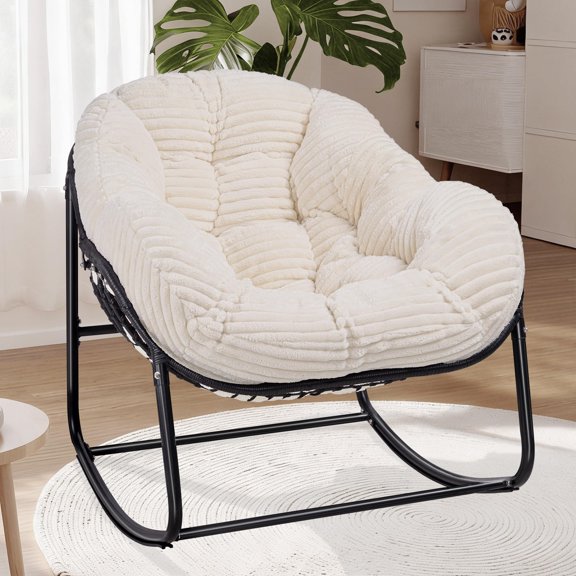 Beige Corduroy Oversized Rocking Egg Chair With Wicker Frame And Thick