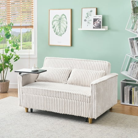 Beige Corduroy Pull-Out Sofa with Movable Tabletop & USB Ports, Dual Function for Living Room & Bedroom
