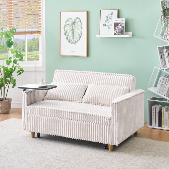 Beige Corduroy Pull-Out Sofa with Movable Tabletop & USB Ports, Dual Function for Living Room & Bedroom