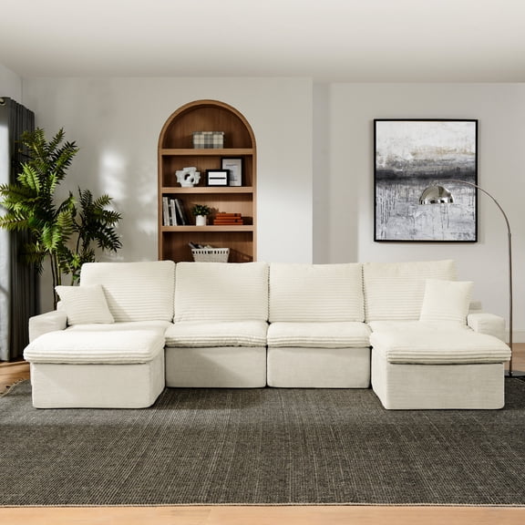 Beige Corduroy Sectional, Medium-Soft Seats and Cushion Back / Cozy Lounge in Home, Quick Setup