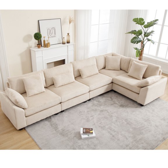 Beige Corduroy Sectional, Solid Frame & Soft Fabric / Bring Comfort to Home Living