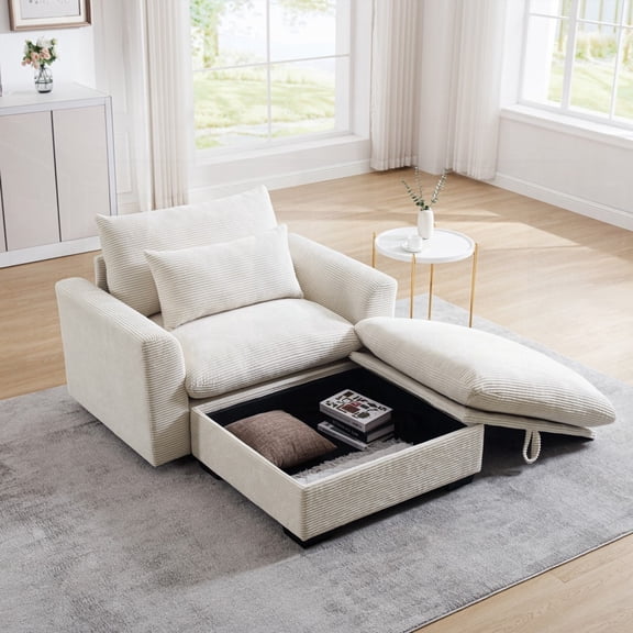 Beige Corduroy Sofa - 10 Combo, Deep Seats, Storage Ottoman