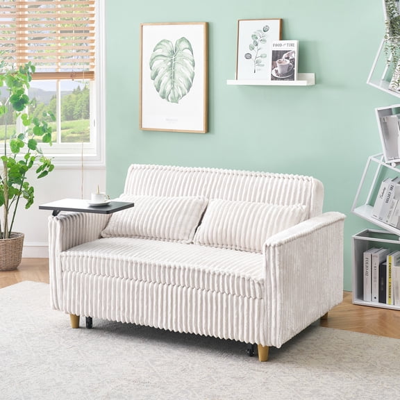 Beige Corduroy Sofa with Movable Armrest Table - Comfortable Seating for Two
