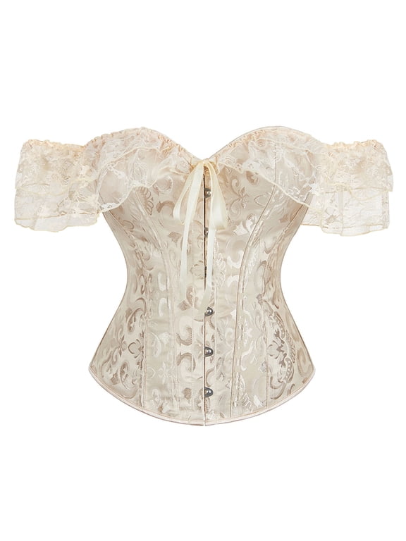 Beige Corset Ofreoo Women Floral Lace Off Shoulder Corset Princess Boned Bustier Overbust Bodyshaper Lingerie Tops with Sleeves Corset Tops for Women (Available in Plus Size)