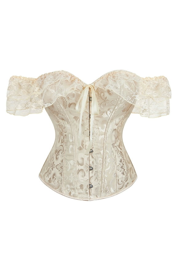 Beige Corset Ofreoo Women Floral Lace Off Shoulder Corset Princess Boned Bustier Overbust Bodyshaper Lingerie Tops with Sleeves Corset Tops for Women (Available in Plus Size)