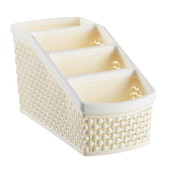 Beige Cosmetic Organizer Box with 4 Sections Small Bathroom Storage for Makeup Brushes Cotton Swabs Plastic Desktop Caddy