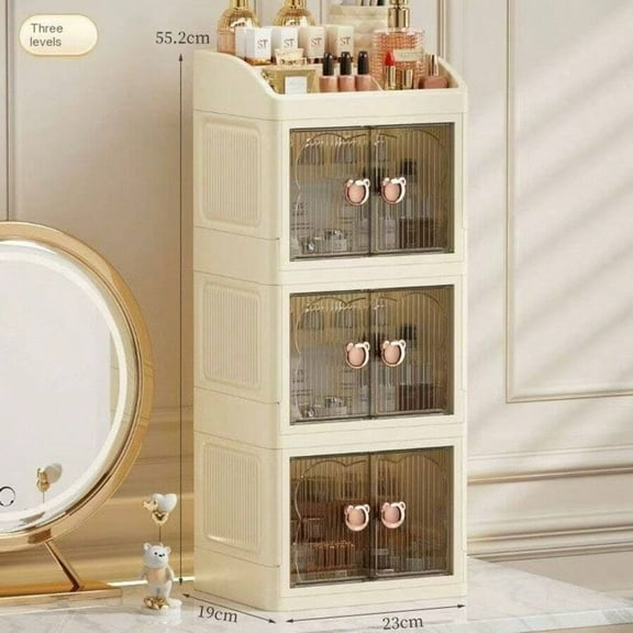 Beige Cosmetic Storage Box, Multi-Layer Transparent Foldable Makeup Organizer, Suitable For Dressing Tables, Desks