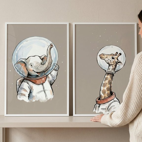 Beige Cosmic Astronaut Animal Whimsical Space Elephant Giraffe Nursery Poster, Set 2, Poster Only