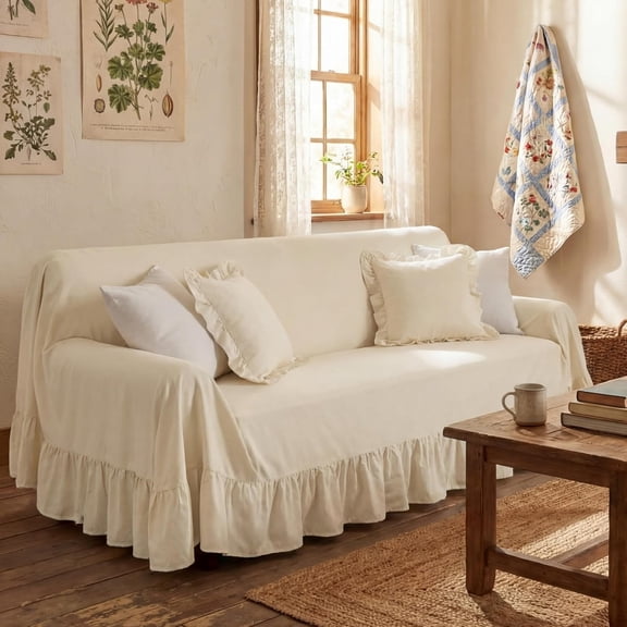 Beige Cottagecore Couch Cover with Ruffle, 118" w x 71" h | Farmhouse Sofa Slipcover, One Piece Cotton Sofa Cover for 3 Seat, Washable, Living Room French Country Decor