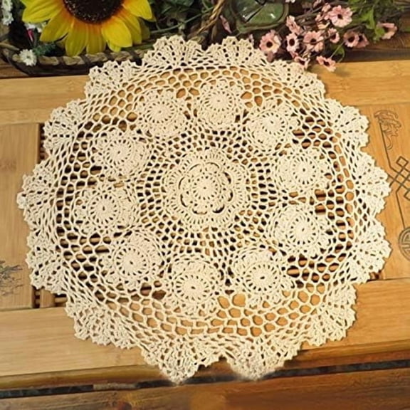 Beige Cotton Handmade Crochet Lace Tablecloth Doilies Table Overlay,Round,16 Inch,2PCS