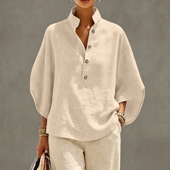 Beige Cotton Linen Tops for Women Summer Half Sleeve V Neck Shirt Casual Blouses Clothes