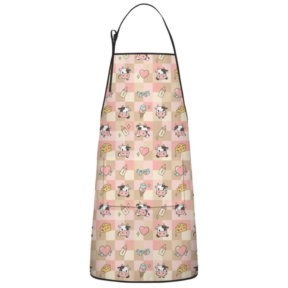 Beige Cow Checker Pattern Apron-Garden Aprons for Women with Pockets-Cotton Linen Waterproof Kitchen Cooking Gardening Aprons Adjustable for Kitchen,Cooking,BBQ and Salon 33x27 Inch