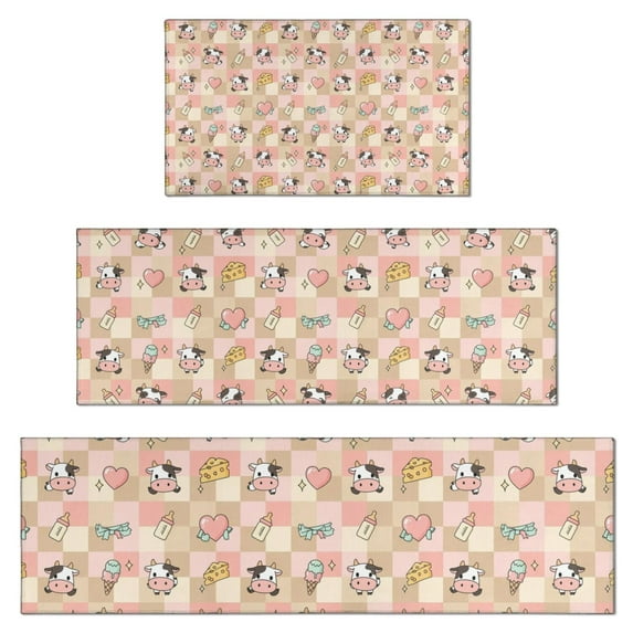 Beige Cow Checker Pattern Kitchen Rugs Sets Of 3,Kitchen Runner Rugs Non Skid Washable,Decorative Kitchen Floor Mats for Kitchen,Sink,Laundry,17"x30"+ 17"x47" + 17"x59"
