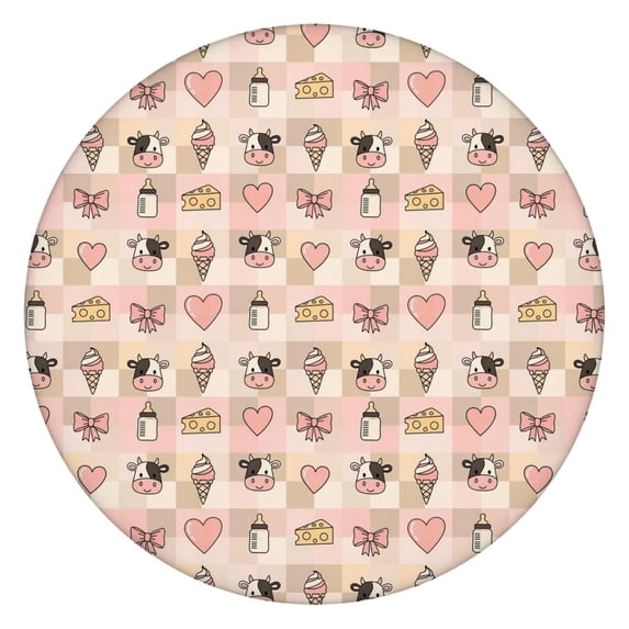 Beige Cow Checker Pattern Round Fitted Tablecloth with Elastic Edge,Dining Table Cover Waterproof,Outdoor Round Tablecloth for Camping,Dining,Indoor and Outdoor
