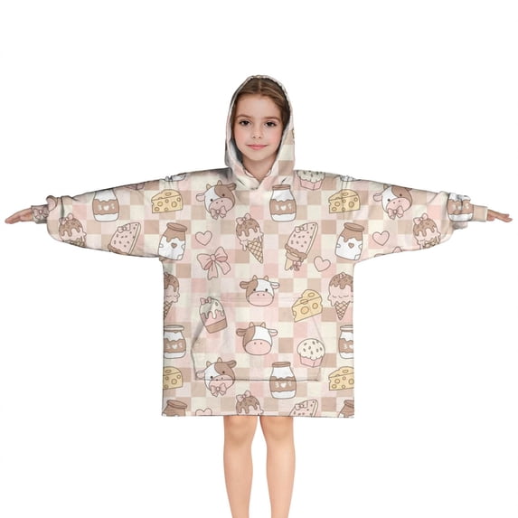 Beige Cow Dessert Pattern Blanket Hoodies for Kids 6-13YR Oversize Wearable Blanket Hoodies for Boys Girls Teens
