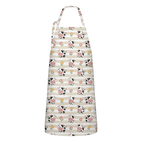Beige Cow Flower Pattern Apron-Garden Aprons for Women with Pockets-Cotton Linen Waterproof Kitchen Cooking Gardening Aprons Adjustable for Kitchen,Cooking,BBQ and Salon 33x27 Inch