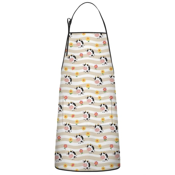 Beige Cow Flower Pattern Apron-Garden Aprons for Women with Pockets-Cotton Linen Waterproof Kitchen Cooking Gardening Aprons Adjustable for Kitchen,Cooking,BBQ and Salon 33x27 Inch