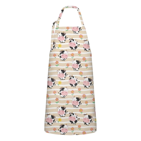 Beige Cow Flower Pattern Apron-Garden Aprons for Women with Pockets-Cotton Linen Waterproof Kitchen Cooking Gardening Aprons Adjustable for Kitchen,Cooking,BBQ and Salon 33x27 Inch