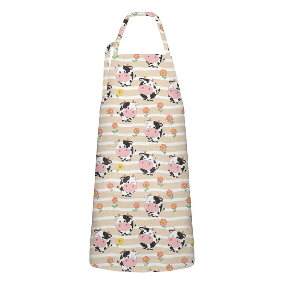Beige Cow Flower Pattern Apron-Garden Aprons for Women with Pockets-Cotton Linen Waterproof Kitchen Cooking Gardening Aprons Adjustable for Kitchen,Cooking,BBQ and Salon 33x27 Inch