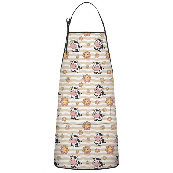 Beige Cow Flower Pattern Apron-Garden Aprons for Women with Pockets-Cotton Linen Waterproof Kitchen Cooking Gardening Aprons Adjustable for Kitchen,Cooking,BBQ and Salon 33x27 Inch